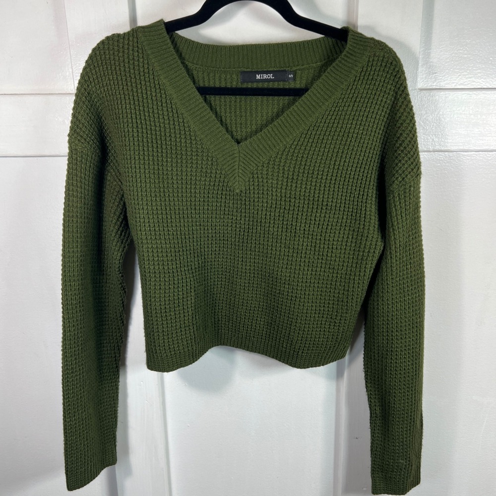 Mirol Olive Green Waffle Knit V-Neck Cropped Sweater Small